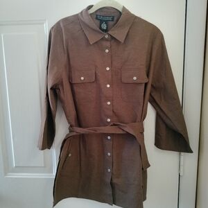 Classic Brown linen blend snap Safari belted Shirt tunic top M Office Travel